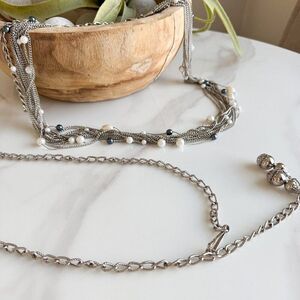 Set of 2 Y2K Silver Chain Belts – Faux Pearl & Statement Ball Detail